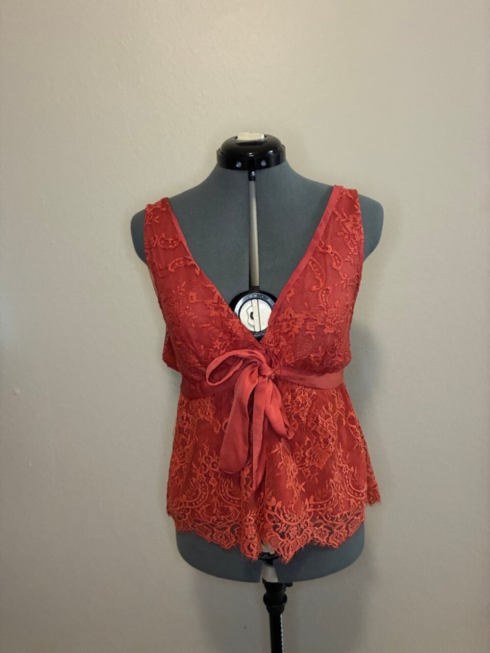 Free People Lace Blouse L Rust Satin Bow Sleeveless